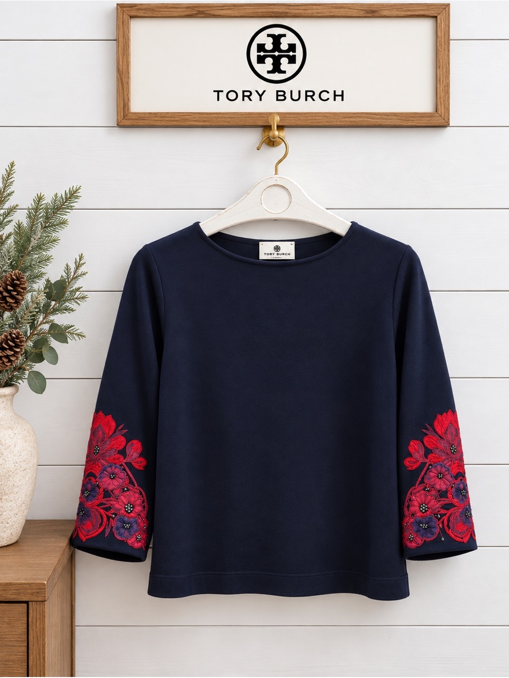 TORY BURCH Navy Floral Sleeve Top M